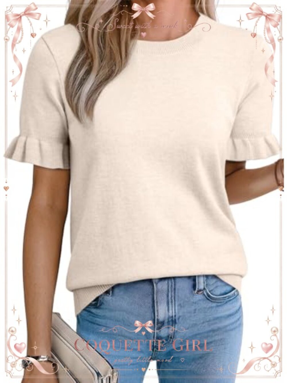 Womens Puff Sleeve Sweater Top Lightweight Knit Crew Neck Blouse